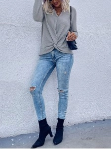 Twist Front Long Sleeve Waffle Knit Top