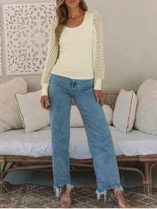 U-neck knitted patchwork transparent mesh casual top