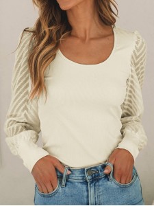 U-neck knitted patchwork transparent mesh casual top