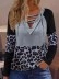 V-neck cross lace-up leopard print patchwork knit T-shirt