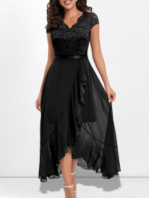 V-neck sleeveless lace mesh maxi skirt