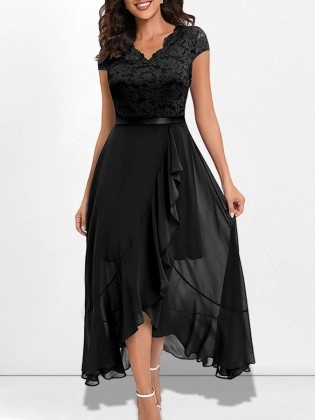 V-neck sleeveless lace mesh maxi skirt