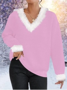 V-wool collar with cotton plaid solid color sweater