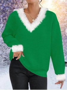 V-wool collar with cotton plaid solid color sweater