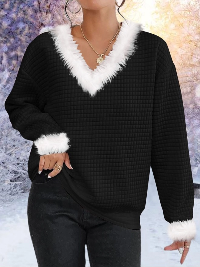 V-wool collar with cotton plaid solid color sweater