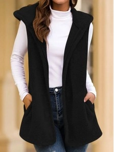 Vintage Solid Pockets Hoodie Casual Sleeveless Vest Outerwear