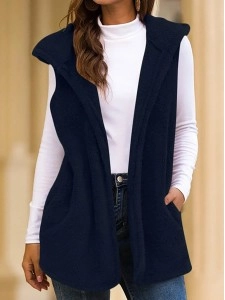 Vintage Solid Pockets Hoodie Casual Sleeveless Vest Outerwear