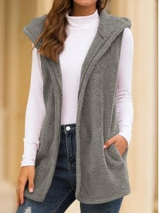 Vintage Solid Pockets Hoodie Casual Sleeveless Vest Outerwear