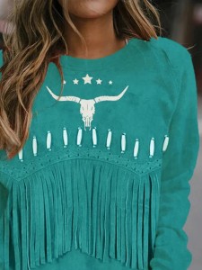 Vintage Western Fringe & Bull Skull Art Sweatshirt