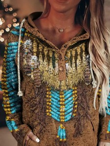 Vintage Western Print Long Sleeve Casual Hoodie