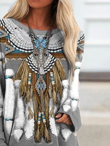 Vintage Western Print Long Sleeve Casual Tunic
