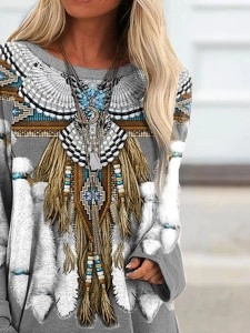 Vintage Western Print Long Sleeve Casual Tunic