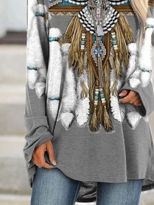 Vintage Western Print Long Sleeve Casual Tunic