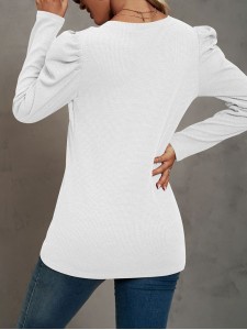 Waffle-Knit Puff Sleeve Round Neck Top