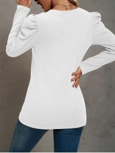 Waffle-Knit Puff Sleeve Round Neck Top