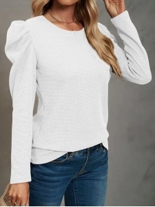 Waffle-Knit Puff Sleeve Round Neck Top