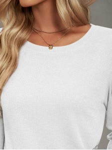 Waffle-Knit Puff Sleeve Round Neck Top
