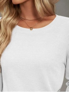 Waffle-Knit Puff Sleeve Round Neck Top