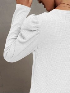 Waffle-Knit Puff Sleeve Round Neck Top