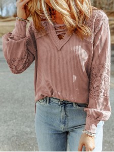 Waffle plaid lace up V-neck long sleeved top
