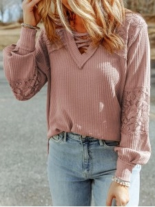 Waffle plaid lace up V-neck long sleeved top
