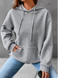Waffle round neck long sleeved sweater solid color top