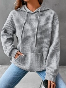 Waffle round neck long sleeved sweater solid color top