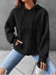 Waffle round neck long sleeved sweater solid color top