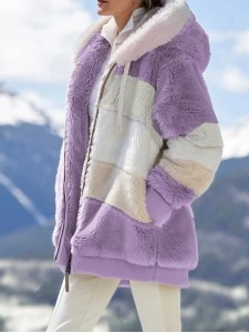 Warm plush patchwork zipper pocket with hood loose jacket