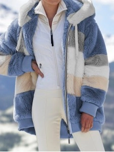 Warm plush patchwork zipper pocket with hood loose jacket