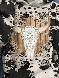 Western contrast cow print long sleeve hoodie