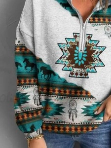 Western contrast print zipper sweatshirt