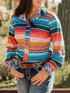 Western contrast stripe print long sleeve shirt