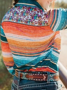Western contrast stripe print long sleeve shirt