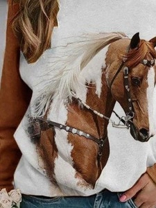 Western Horse Print Panel Crewneck Sweatshirt