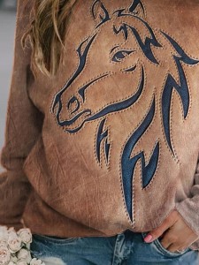 Western Horse Print Panel Crewneck Sweatshirt