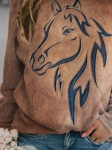 Western Horse Print Panel Crewneck Sweatshirt