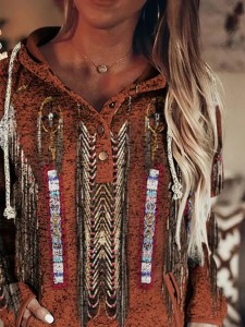 Western Print Long Sleeve Casual Hoodie