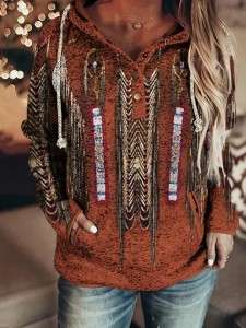 Western Print Long Sleeve Casual Hoodie