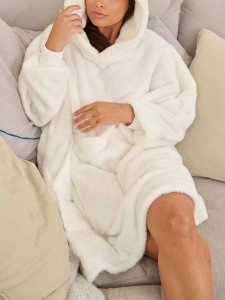 White Cable Cut Borg Snuggle Hoodie