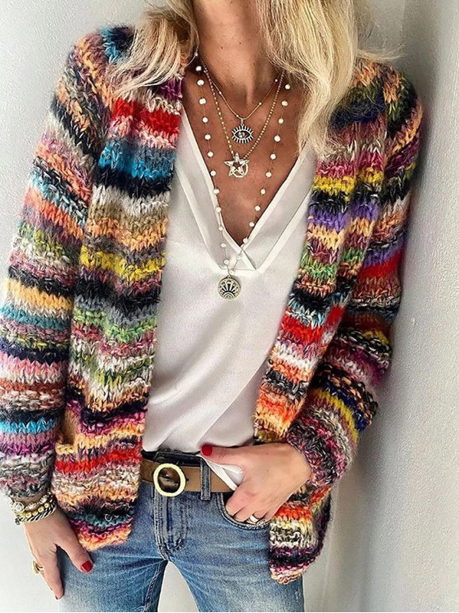 Women's casual long sleeved colorful striped sweater