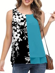 Women's color-matching chiffon print vest top