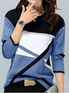 Women's color matching printed casual T-shirt