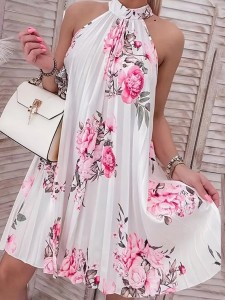 Women's elegant halter print pleated dress