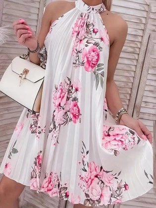Women's elegant halter print pleated dress