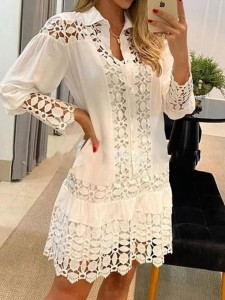 Women's elegant loose lace patchwork cutout shirt dress