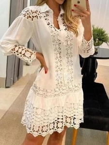 Women's elegant loose lace patchwork cutout shirt dress