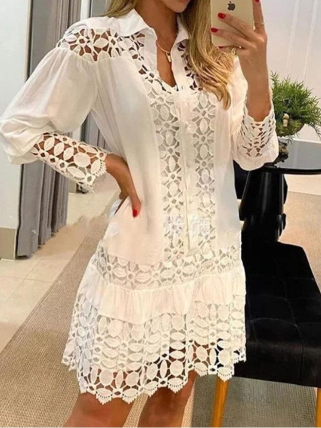 Women's elegant loose lace patchwork cutout shirt dress