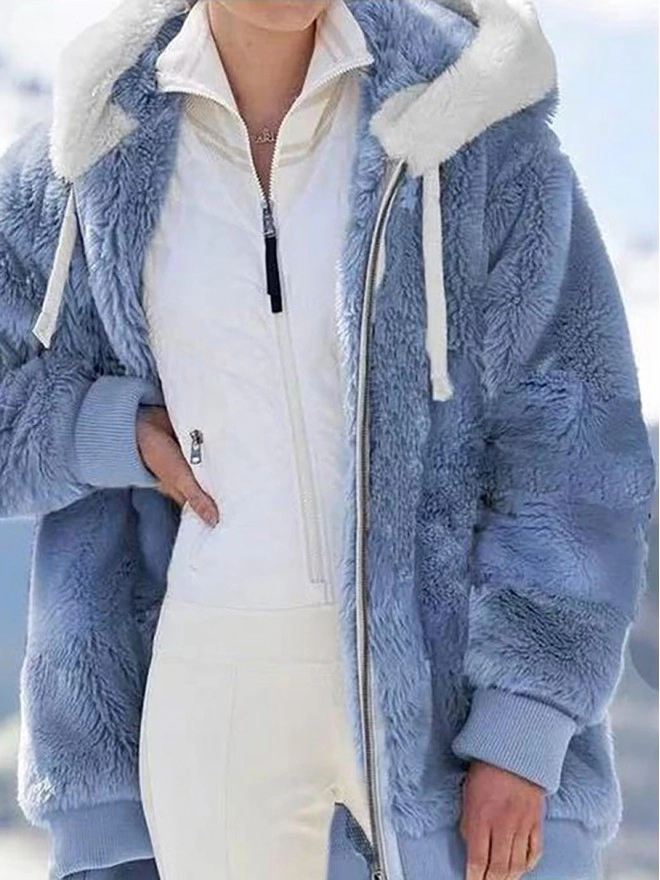 Women's fall and winter loose plush zipper hooded jacket