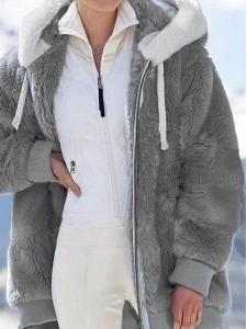 Women's fall and winter loose plush zipper hooded jacket